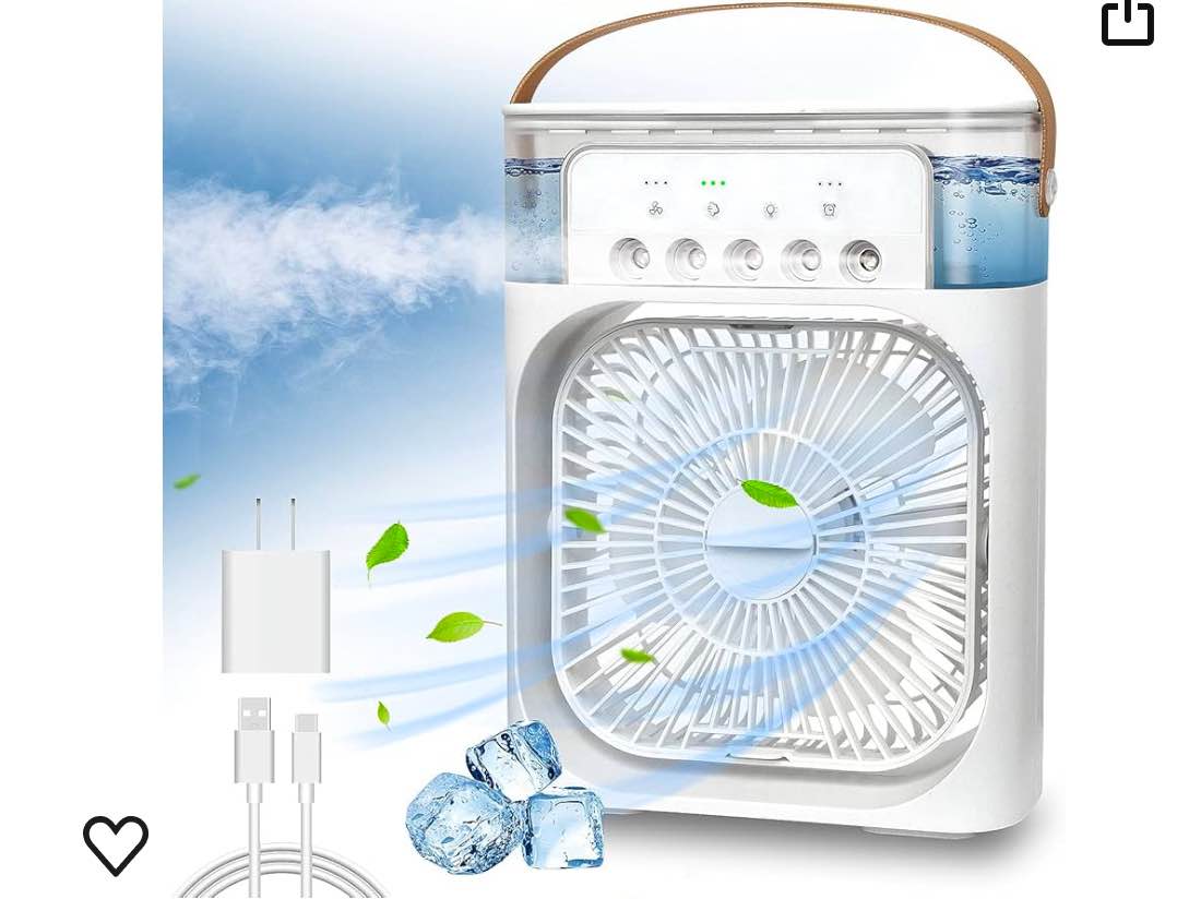 Portable Air Conditioner Fan, Mini Evaporative Air Cooler with 7 Colors LED Light, 1/2/3 H Timer, 3 Wind Speeds and 3 Spray Modes for Your Desk, Nightstand, or Coffee Table