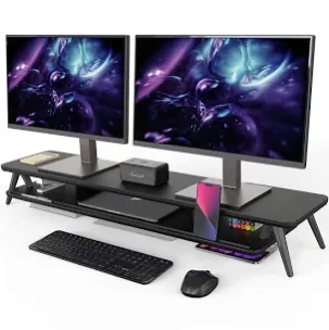 Fenge Dual Monitor Stand, Monitor Stands Riser for 2 Monitors, 42.5 Inch Wood Desk Shelf with Storage Organizer and Cable Management for Office Desk Accessories
