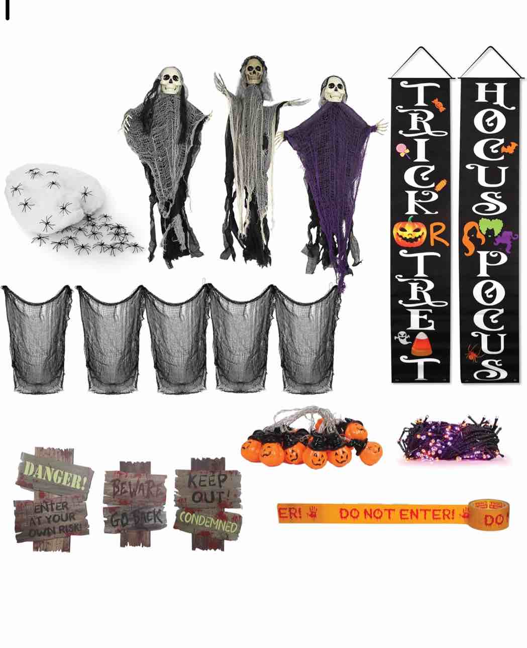 50 Piece Halloween Decorations Outdoor Set, All Included Decor Kit, Hanging Skeleton Ghost, Purple & Orange String Lights, Spider Webs, Creepy Cloth, Caution Tape, Pumpkin Lights, Yard & Door Signs