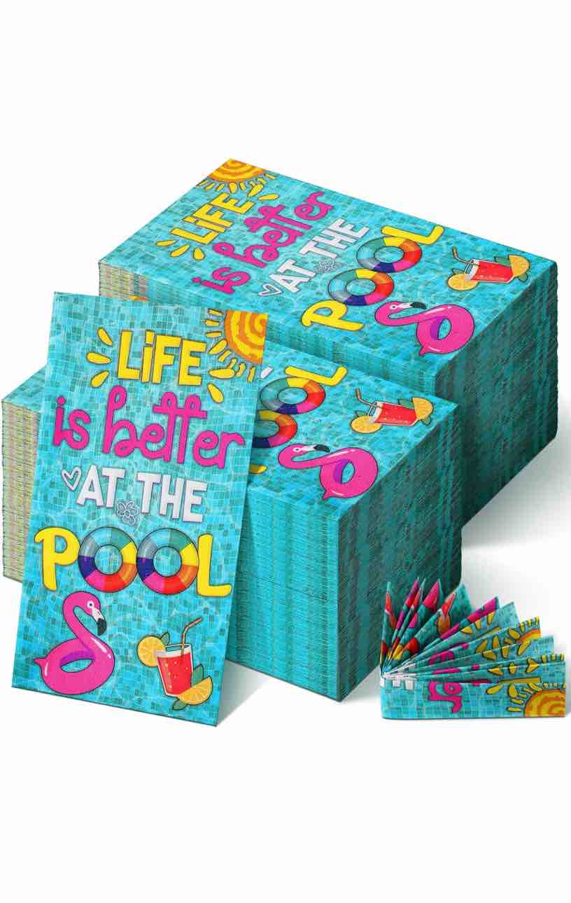Sinmoe 200 Pcs Summer Guest Napkins Disposable Decorative Paper Napkins 2 Ply Napkins Hello Summer Guest Hand Towels for Bathroom Summer Party Supplies for Birthday Party Baby (Swimming Pool)