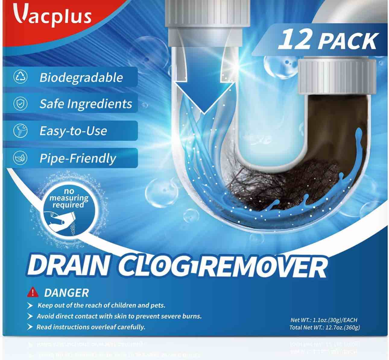 Vacplus Drain Clog Remover - 12 Pack Drain Cleaner Hair Clog Remover, Powerful Sink Drain Cleaner for Clogged Drain, Pipe-Friendly Sink Cleaner and Deodorizer, 6.89''X1.26''X6.1''