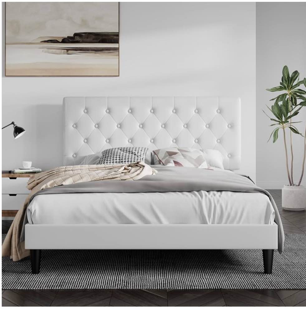 SHA CERLIN Queen Size Bed Frame with Button Tufted Headboard, Faux Leather Upholstered Mattress Foundation, Platform Bed Frame, Wooden Slat Support, No Box Spring Needed, White