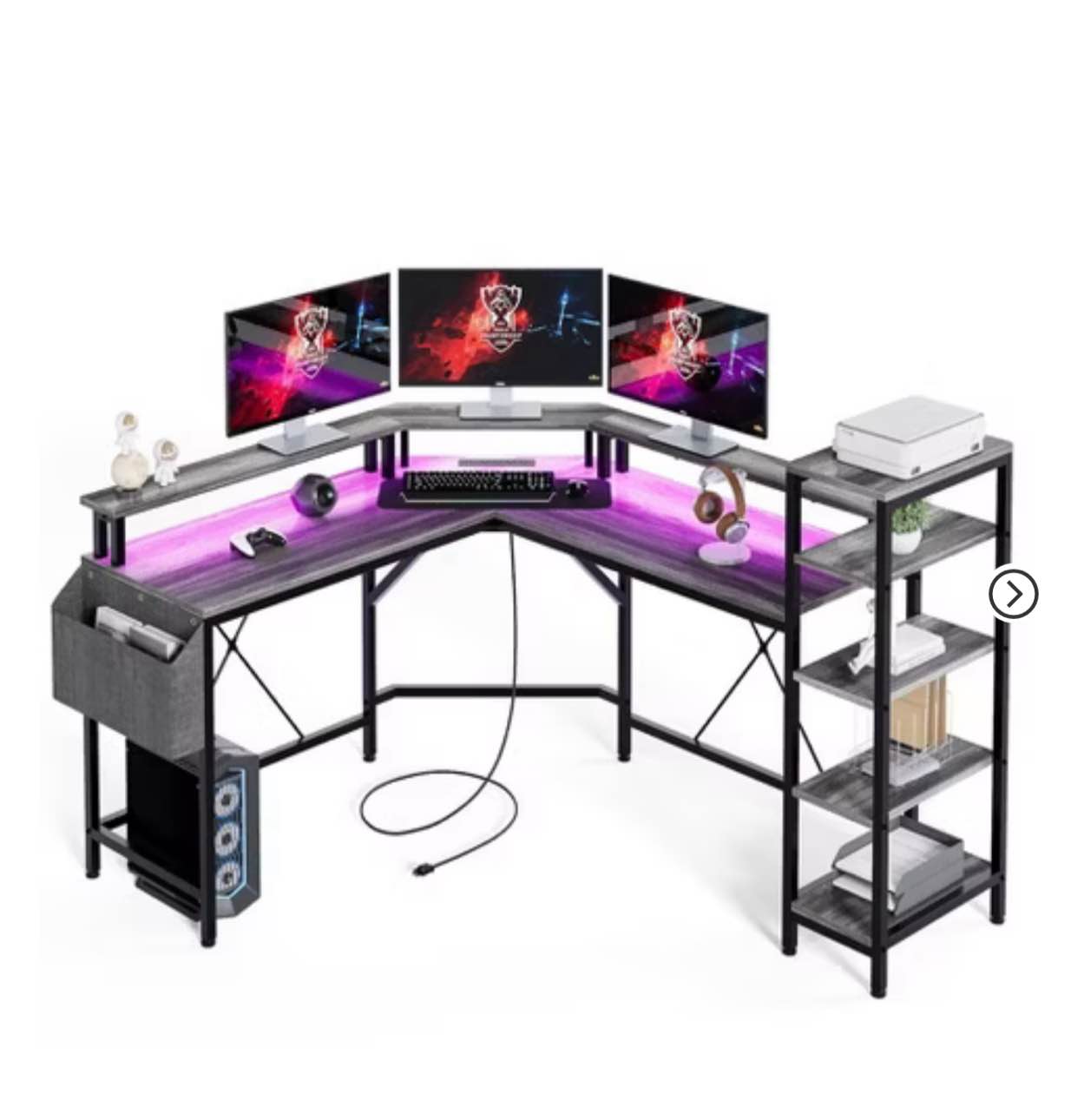 L Shaped Desk with Power Outlets & LED Lights, 62" Computer Desk with Full Monitor Stand