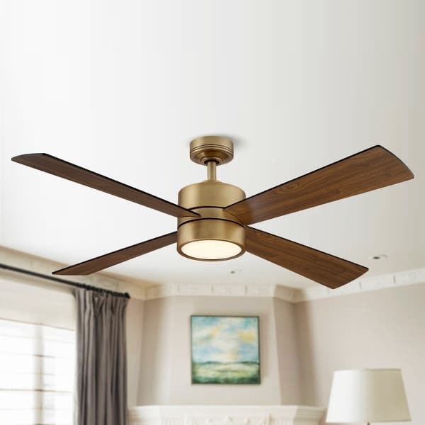 52" Wooden 4-Blade Antique Brass Ceiling Fan with Light and Remote