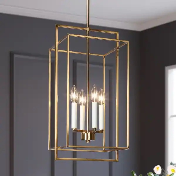 Dilley Mid-century Modern Gold 4-Light Lantern Chandelier Island Pendant Lights for Dining Room - W11.2" * L10.6" * H24.4" - Upgraded Electroplating Gold