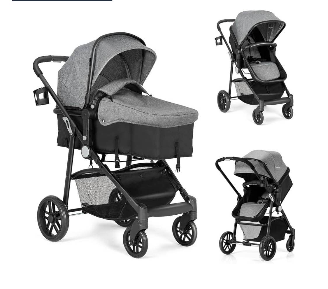 BABY JOY Baby Stroller, 2 in 1 Convertible Carriage Bassinet to Stroller, Pushchair with Foot Cover, Cup Holder, Large Storage Space, Wheels Suspension, 5-Point Harness (Gray)