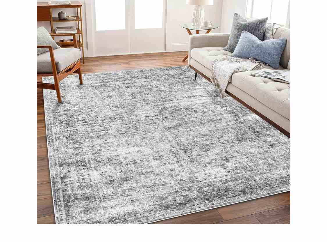 Area Rug 6x9 Washable Rug Gray Vintage Rug Traditional Floor Cover Thin Rug Retro Kitchen Indoor Distressed Non Slip Carpet Floral Print Mat Living Room Bedroom Dining Room