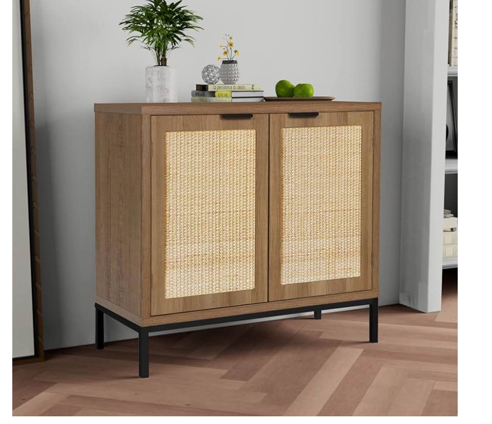 Anmytek Rustic Oak Accent Storage Cabinet with 2 Rattan Doors, Mid Century Natural Wood Sideboard Furniture for Living Room H0045