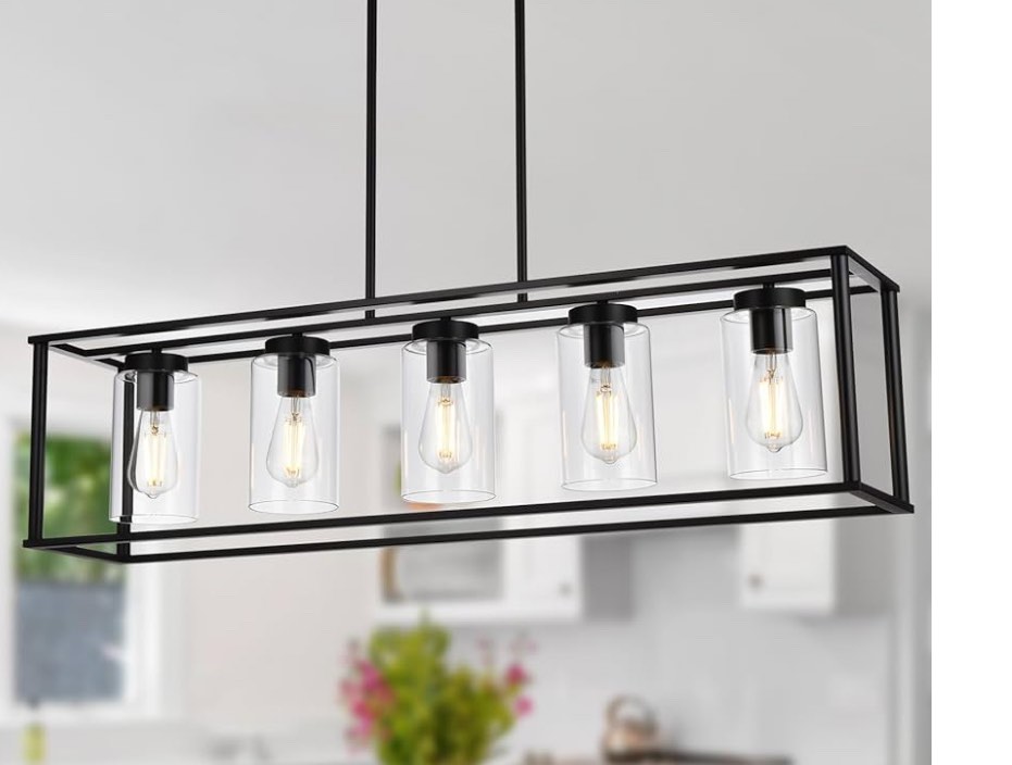 VINLUZ Farmhouse Chandeliers Rectangle Black 5 Light Dining Room Lighting Fixtures Hanging, Kitchen Island Cage Pendant Lights Contemporary Modern Ceiling Light with Glass Shade Adjustable Rods