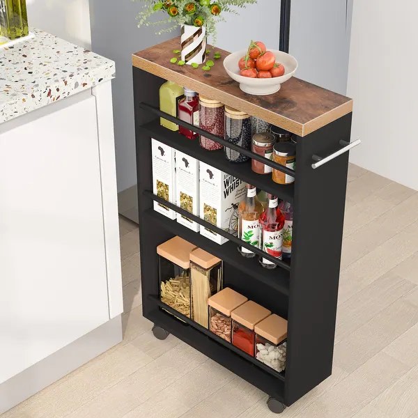 Slim Storage Cart, Rolling Narrow Kitchen Cart on Wheels - N/A - Black,Rustic
