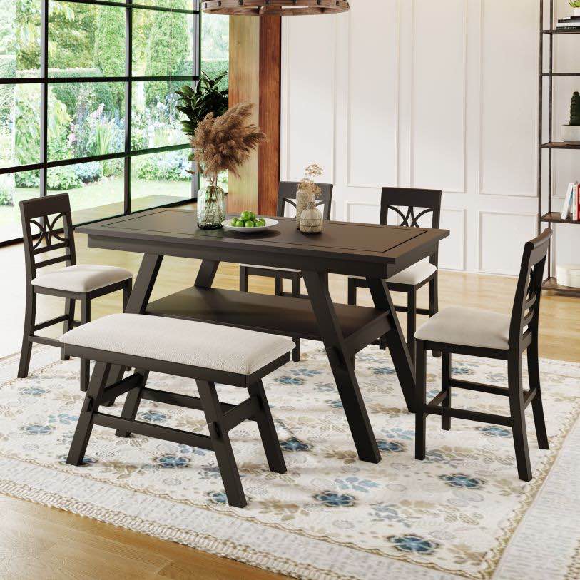 5Pc Wood Counter Height Dining Chairs & Stool Set w/ Storage Shelf, Espresso+Beige