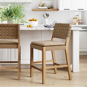 Nathan James Cohen Mid-Century Modern Leather Bar Stool, Counter Height Chair in Solid Wood Frame with Footrest and Woven Leather Back for Kitchen, Natural Brown, Set of 2