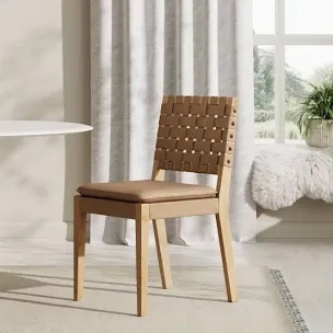 Nathan James Cohen Wood Dining Chair, Mid-Century Modern Upholstered Side Chair with Hand Woven Faux Leather Backrest, Natural Brown, Set of 2
