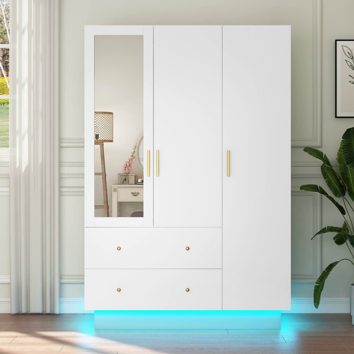 3 doors Armoire Wardrobe With 2 Drawers and Shelves and led lights