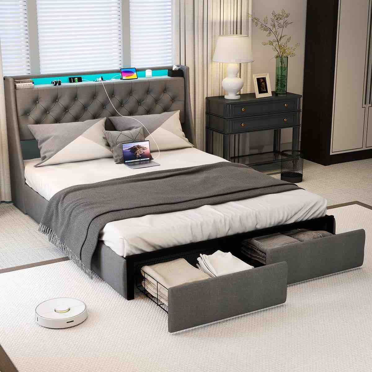 Oneita Upholstered LED Bed Frame With Storage Headboard Charging Station 2 Drawers Gray