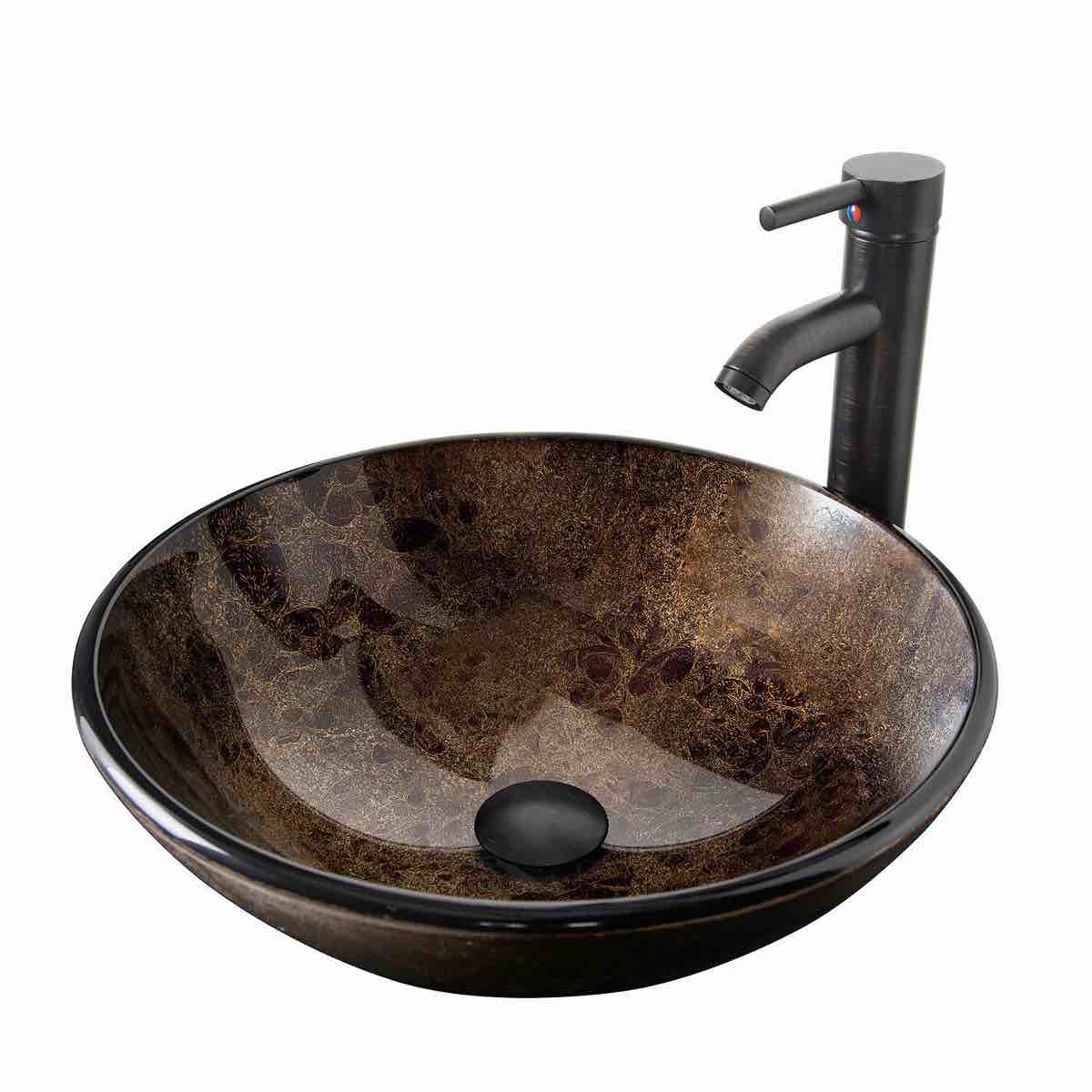 RAYS 16.5'' Dark Brown Glass Circular Bathroom Sink with Faucet USBA20062_1