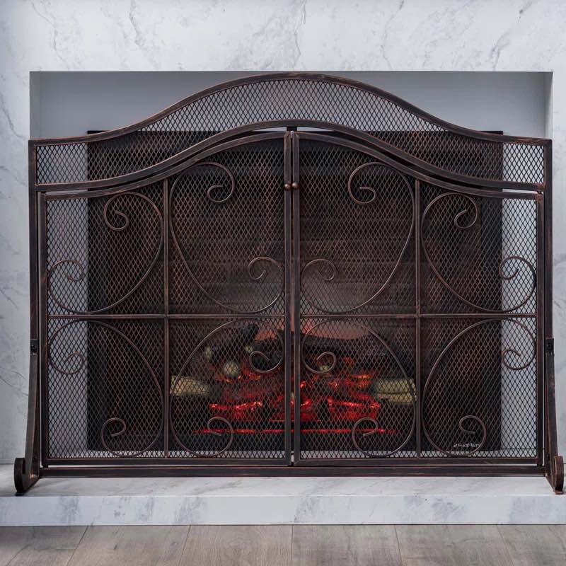Retro Iron Scrollwork Fireplace Screen, One-Piece Frame, Decorative Arch Fireplace Door, 41"W x 9.75"D x 31.75" By Charlton Home®