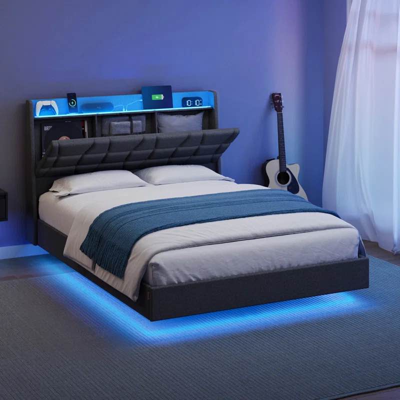 Floating Bed Frame with LED Lights, Charging Station, Tufted Storage Headboard, No Box Spring Needed By Ebern Designs