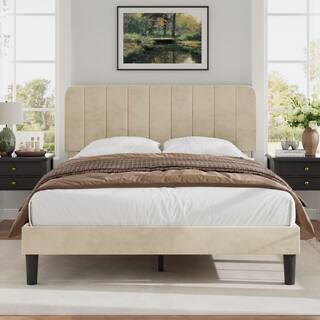 Upholstered Bed Frame, Queen Platform Bed Frame with Adjustable Headboard, Strong Wooden Slats Support, Beige