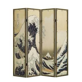 HOZUSO 71" High Room Divider 4 - Panel Folding Room Divider Single Side Japanese Ukiyoe Painting Wood Privacy Screens Foldable Portable Room Separating Room Partitions Freestanding Home Decor