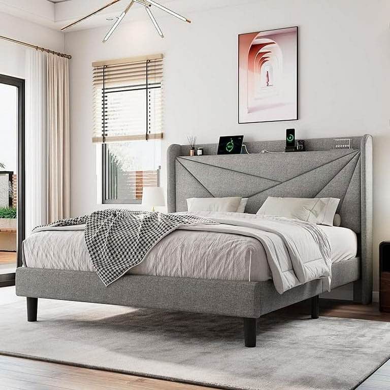 ipormis Queen Size Bed Frame with Charging Station ,Upholstered Platform Bed Frame with Storage Wingback Headboard, Metal Support No Noise No Box Spring Needed, Light Grey