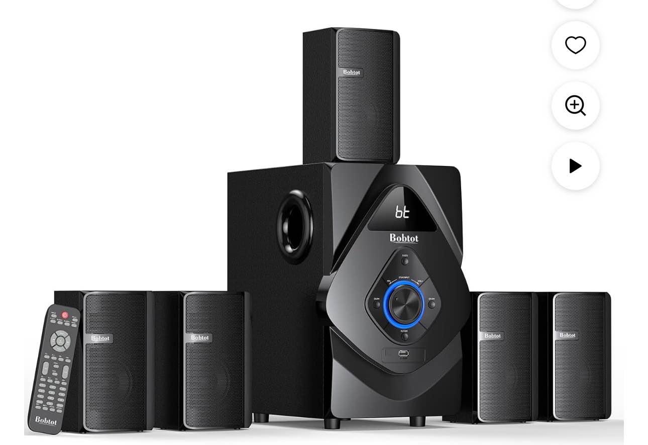 Bobtot Surround Sound Systems Wireless Rear Satellite Speakers - 800W 6.5inch Subwoofer 5.1/2.1 Channel Home Theater Systems with HDMI ARC Optical Bluetooth Input ( Missing One Speaker)