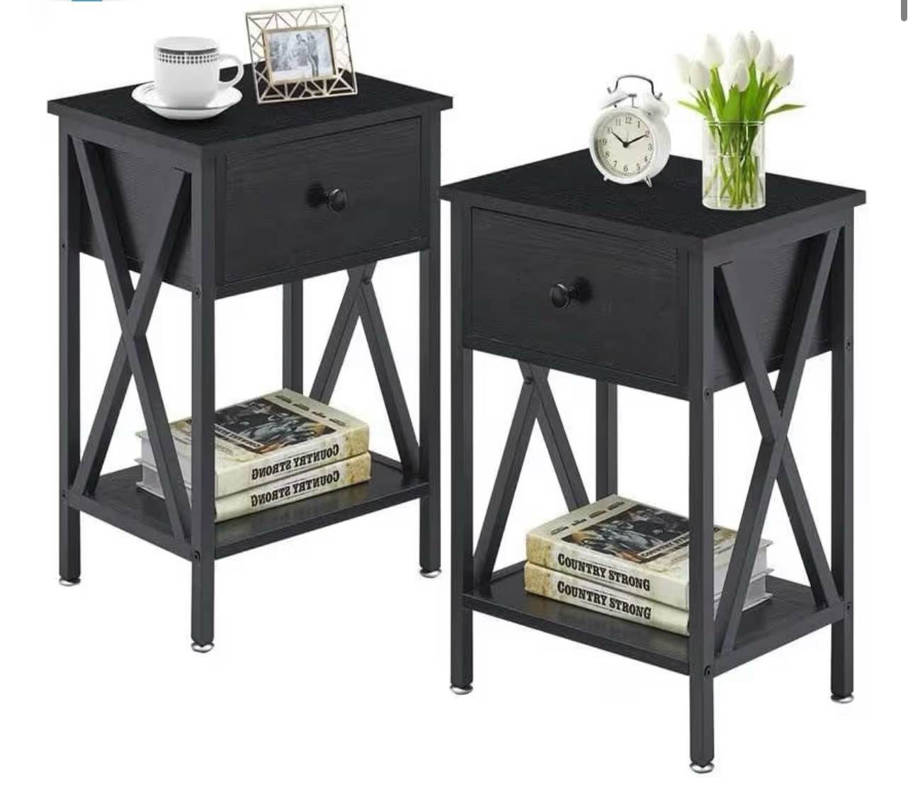 Set of 2 - Rustic 1 Drawer Black Nightstand with X-Shaped Sides New
