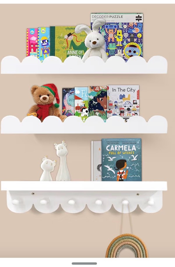 G & W Floating Nursery Book Shelves with Hooks-Scalloped Wall Book Shelves for Bedroom Kids Set of 3, Nursery Furniture Must Have, 23 Inch, White