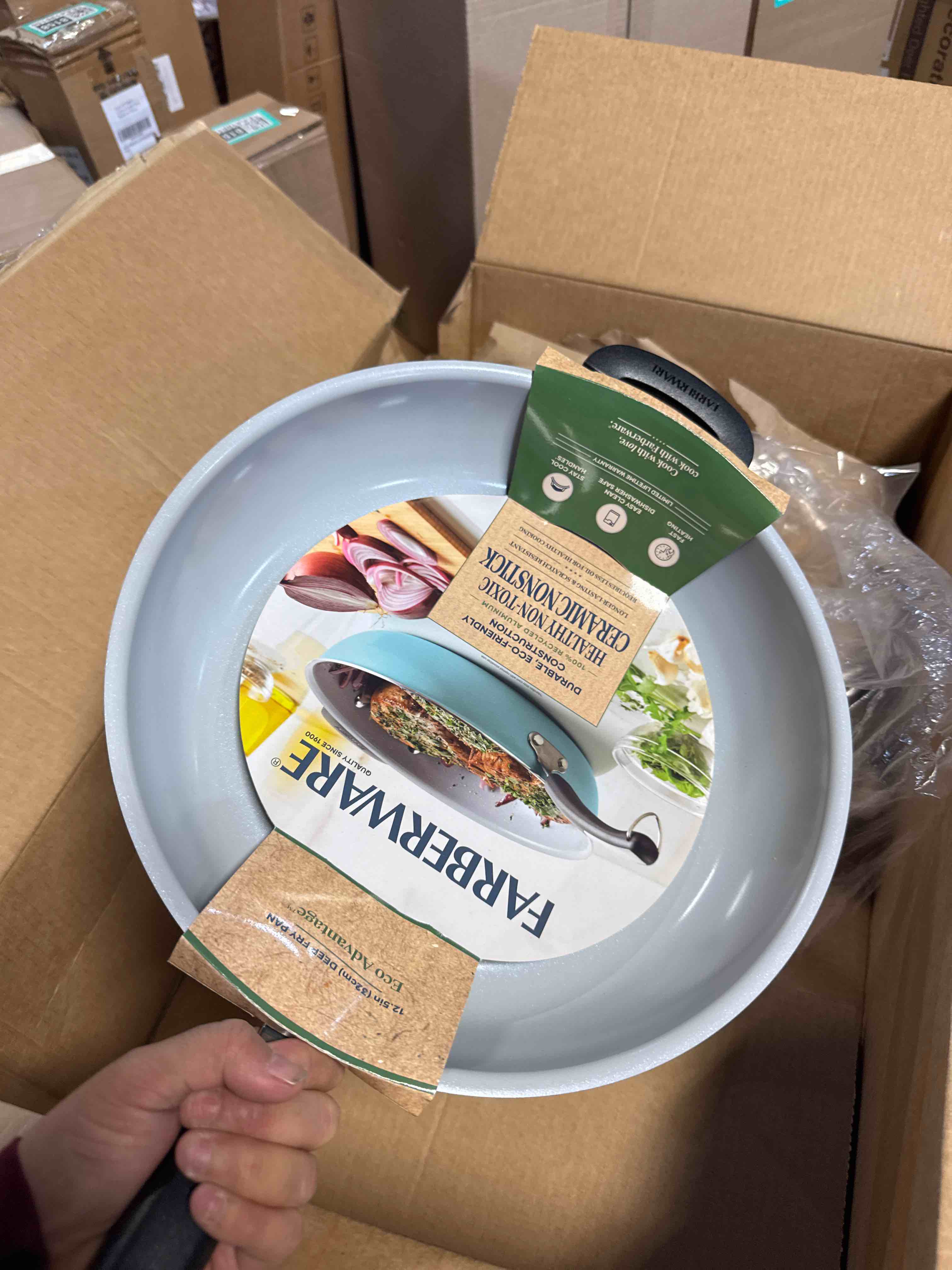 Condition photo showing New/Like New for Farberware EcoAdvantage Ceramic Nonstick Deep Frying Pan/Skillet with Helper Handle, 12.5 Inch, Aqua