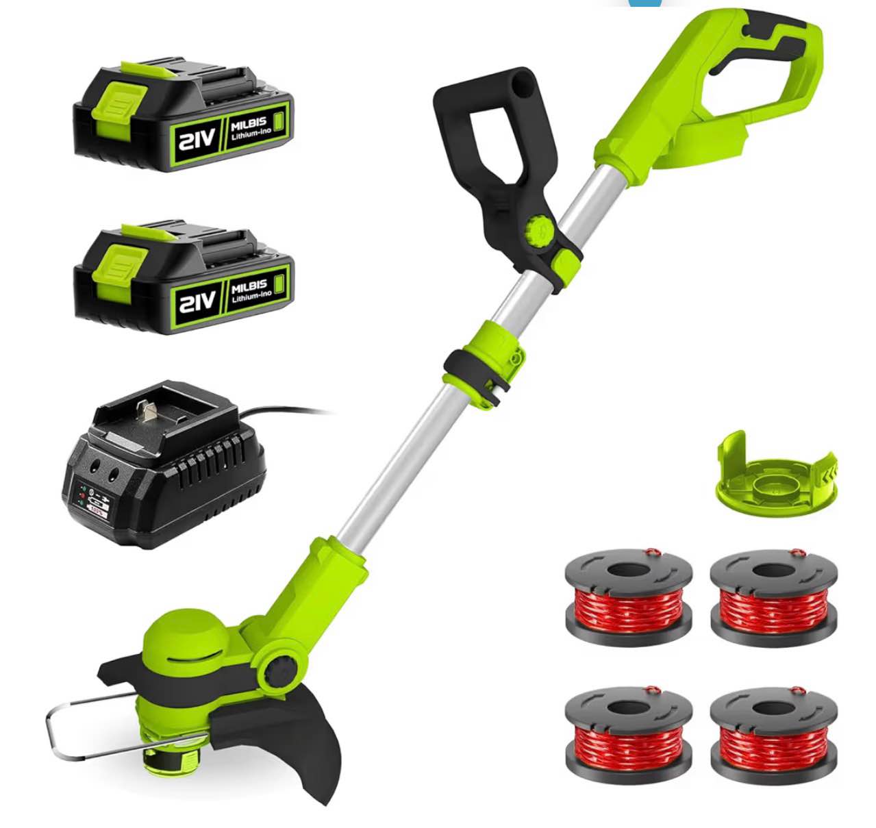 12 Inch String Trimmer Cordless, 21V Electric Weed Wacker with 2.0Ah Battery Powered, Auto Line Feed, 2 in 1 Trimmer and Lawn Edger with 4 Bonus Spools for Lawn, Garden, Yard