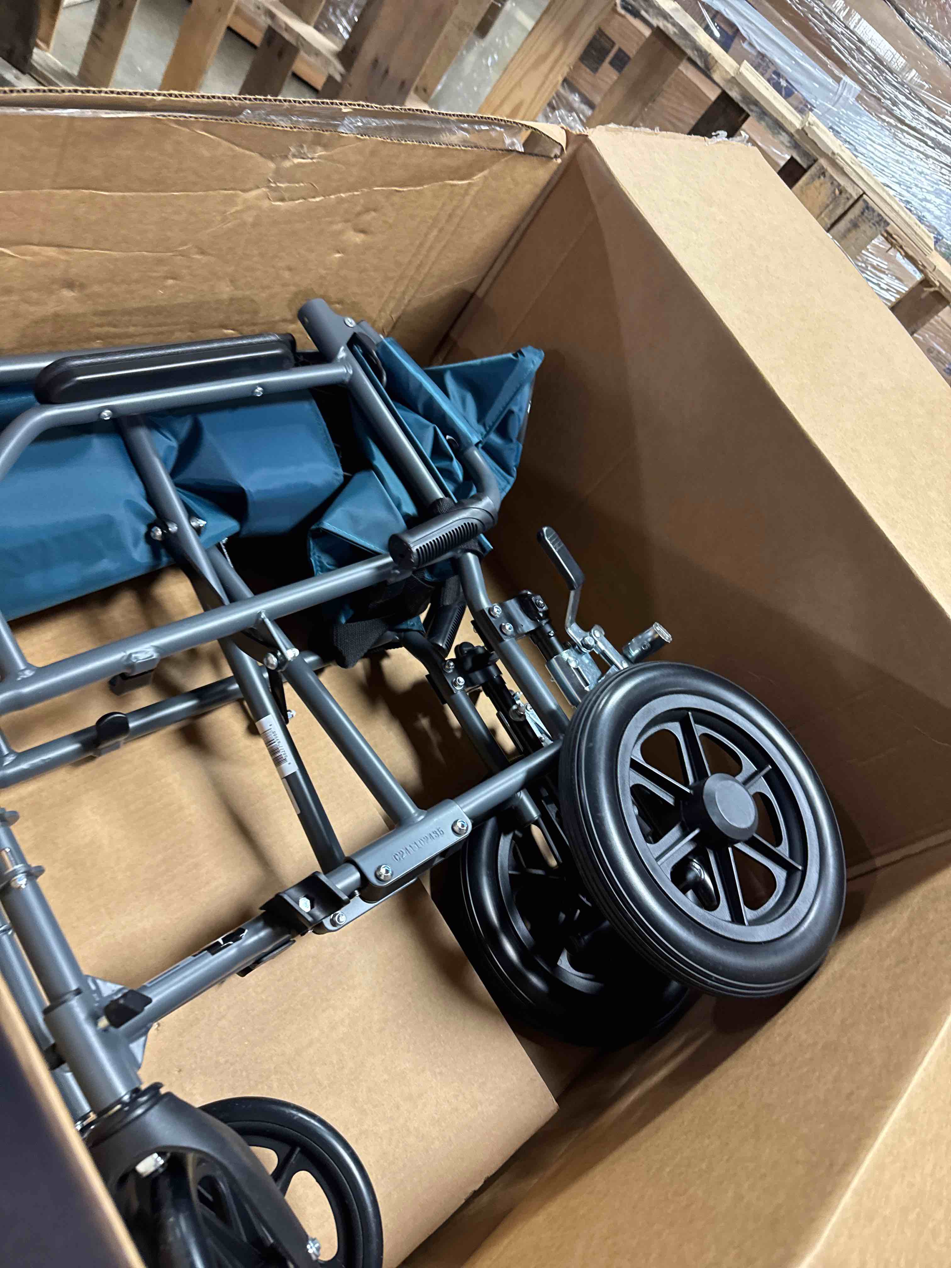 Condition photo showing Good Condition for Medline Durable Folding Steel Transport Wheelchair with 12  Wheels  19  Seat Width  Gray Frame  Microban  Teal Upholstery ( Slightly Used)