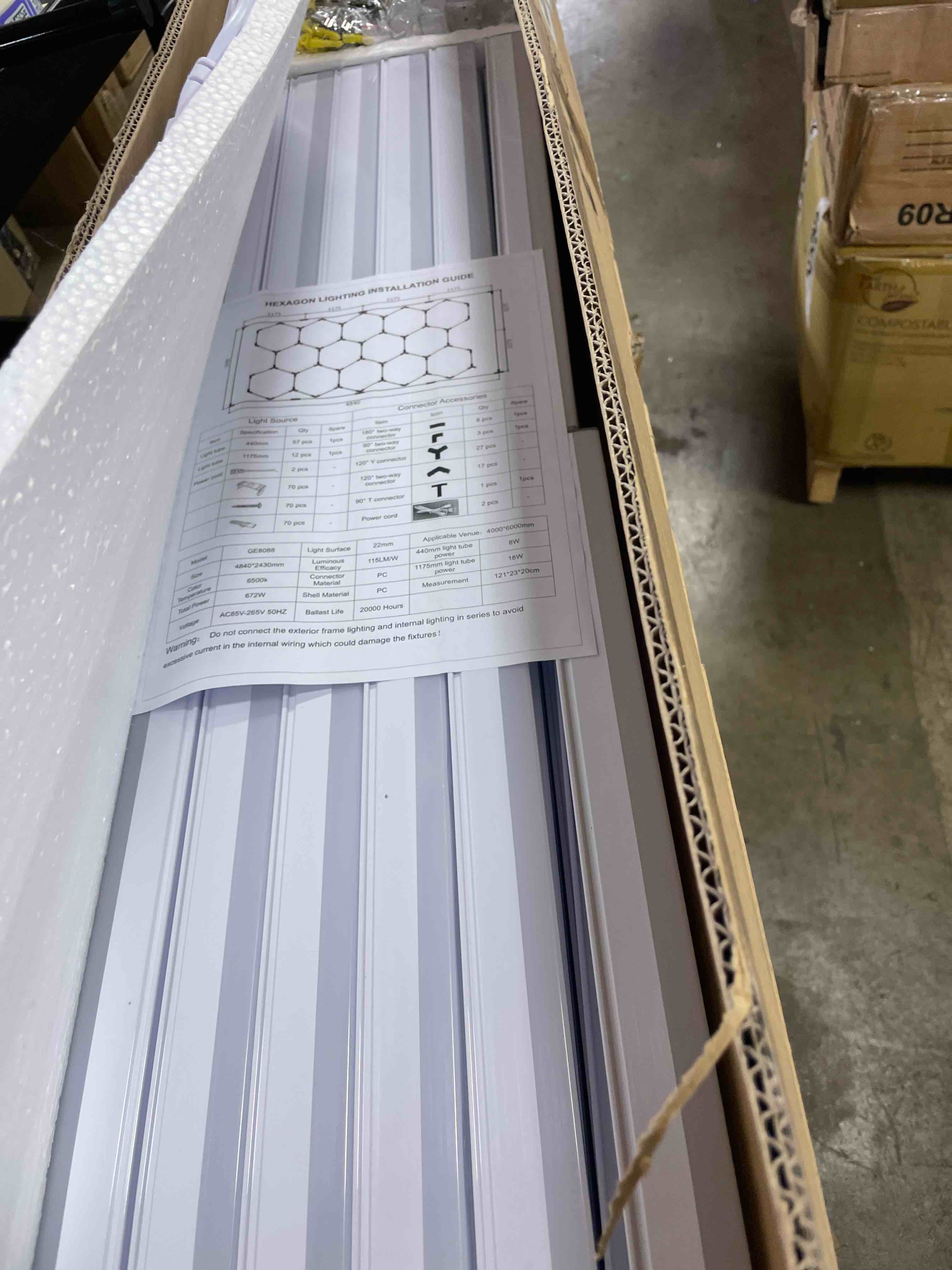 Condition photo showing New/Like New for Hexagon Garage Lights with Rectangle Frame, High Brightness 672W 86400LM 6500K, 14 Hex Grid for Garage, Shop, Basement, Car Detailing Shop etc. with Mounting Clip 14-Grids Non-dimmable