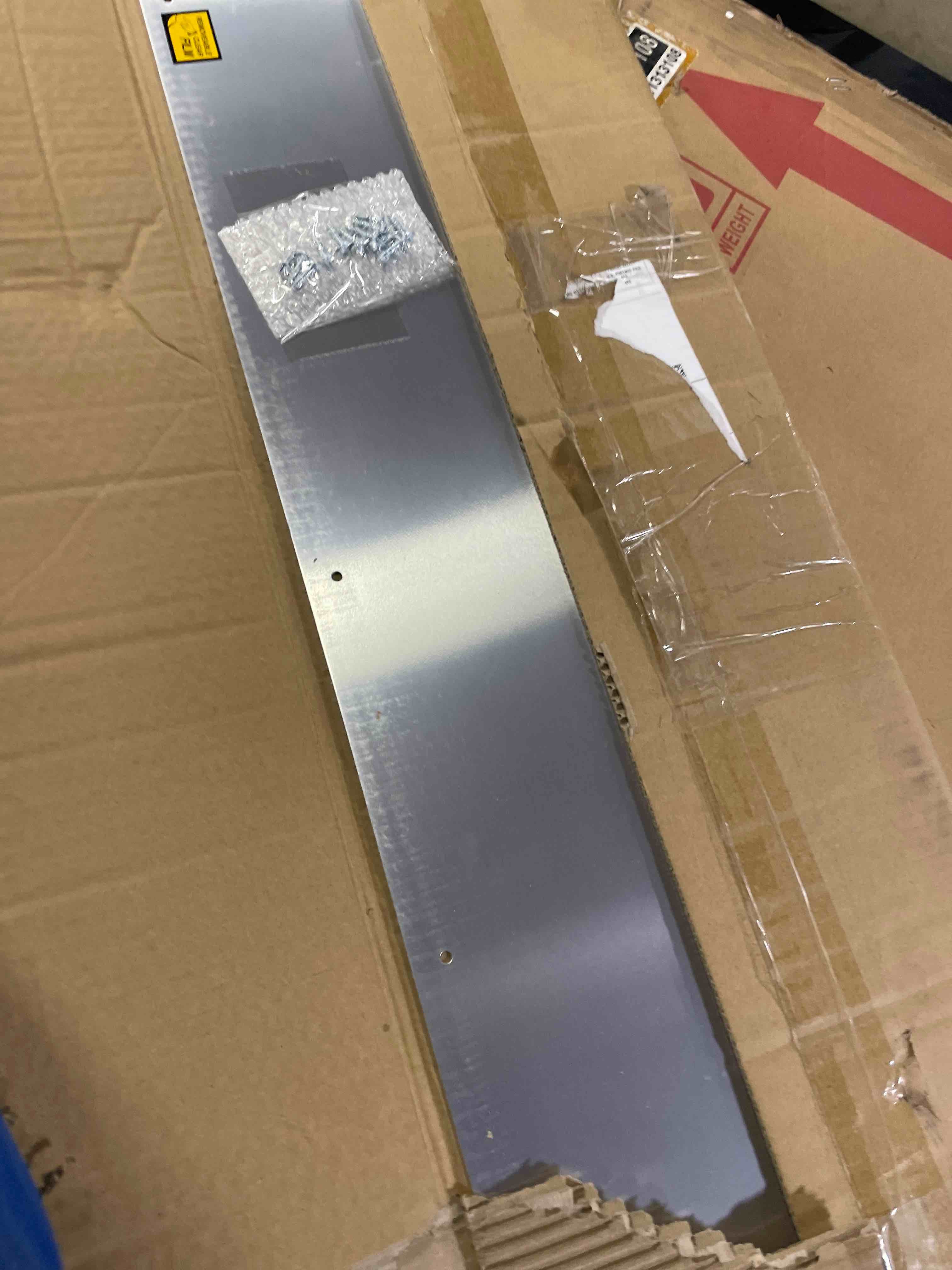 Condition photo showing New/Like New for Prime-Line J 4620 10 x 34 In., Aluminum, Door Kick, Satin Finish (Single Pack) Plate