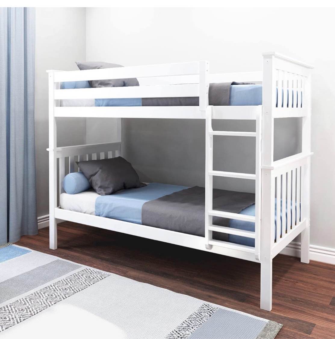 max & lily bunk bed twin over twin, solid wood bunk bed frame with ladder for kids, 14" safety guardrails, easy assembly, no box spring needed, white