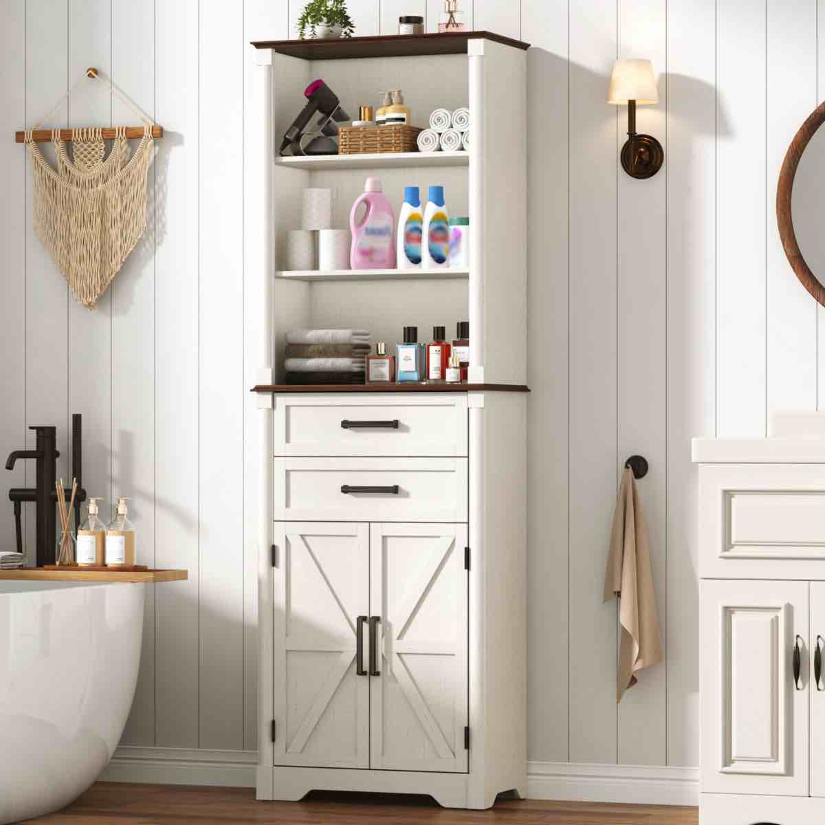 Condition photo showing New/Like New for Farmhouse Tall Bathroom Storage Cabinet, Towel Storage Cabinet With 2 Drawers & Barn Doors, Roman Column Decor, Bathroom Cabinets Freestanding