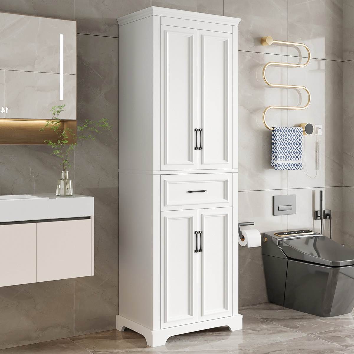 70.8" H Bathroom Storage Cabinet With Adjustable Shelves And Drawer?Freestanding Linen Storage Cabinet
