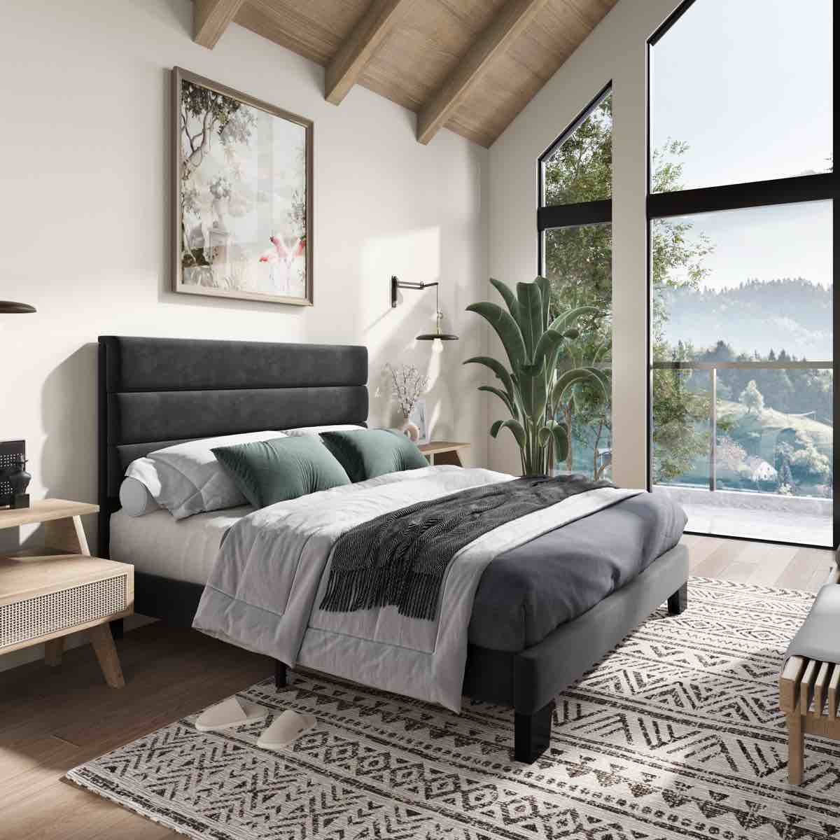 Elison Platform Bed with Fabric Upholstered Headboard and Wooden Slats