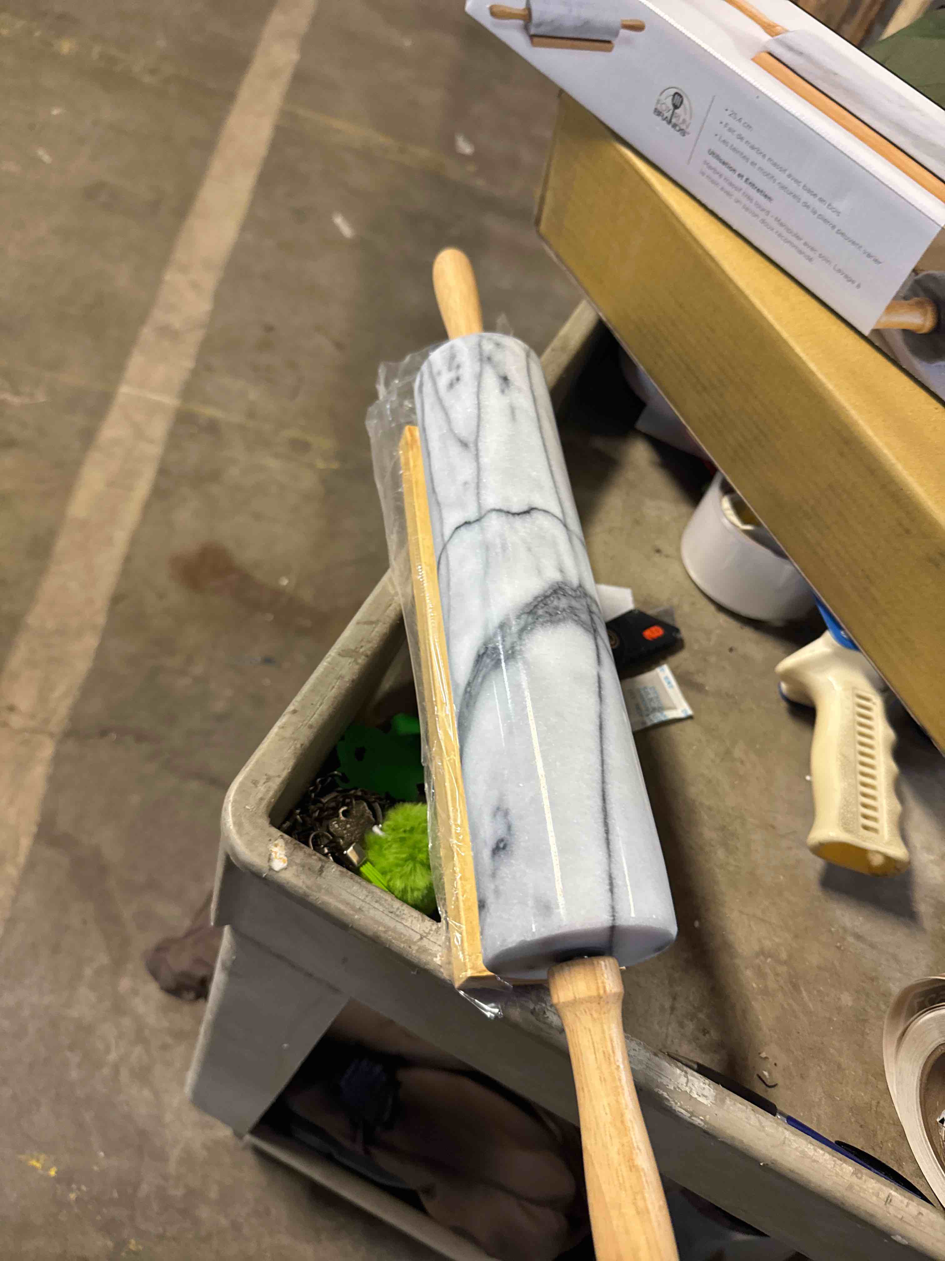 Condition photo showing Good Condition for 2pc Marble Rolling Pin and Base with Wood Handles - Fox Run