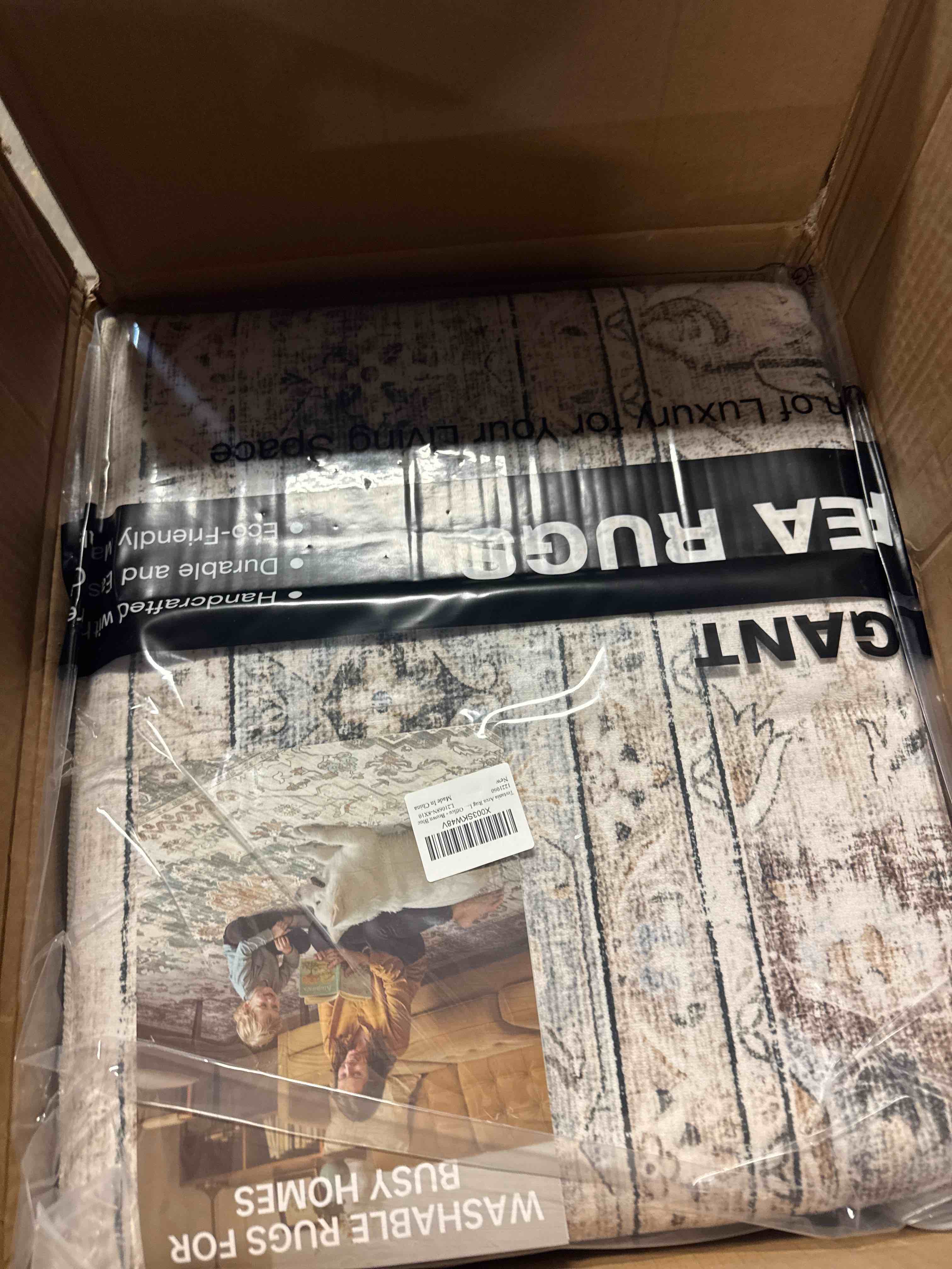 Condition photo showing New/Like New for Tortania Area Rug Living Room Rugs - 8x10 Washable Boho Rug Vintage Oriental Distressed Farmhouse Large Thin Indoor Carpet for Living Room Bedroom Under Dining Table Home Office - Brown Blue 8' x 10' (Rectangular) Brown Blue