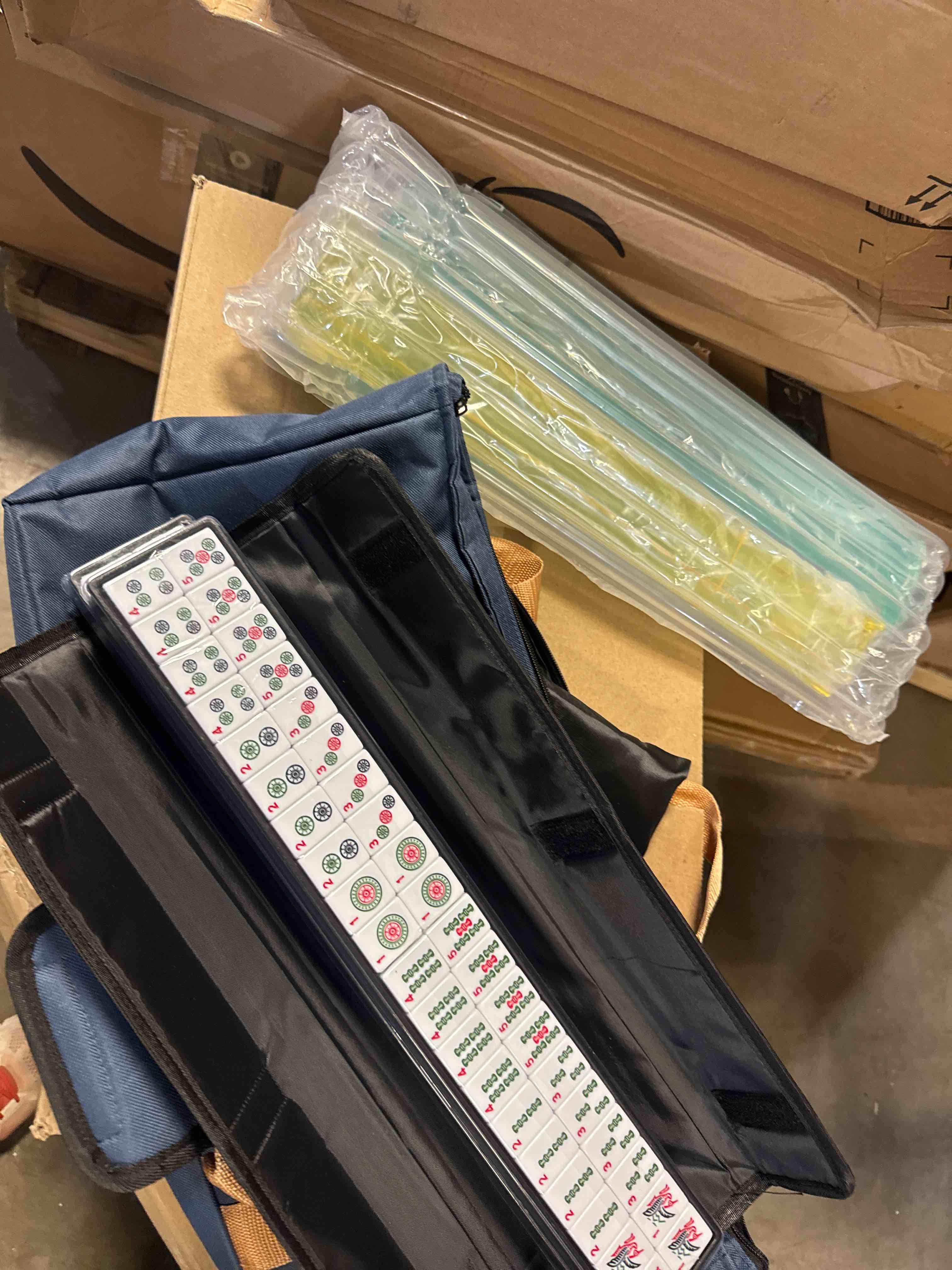 Condition photo showing Good Condition for American Mahjong Tile Set,166 White Tiles Mahjong Set,4 Colors Mahjong Racks,Travel Mahjong Set with Blue Carrying Bag ( Product is new the bag has some tips shown in pictures)