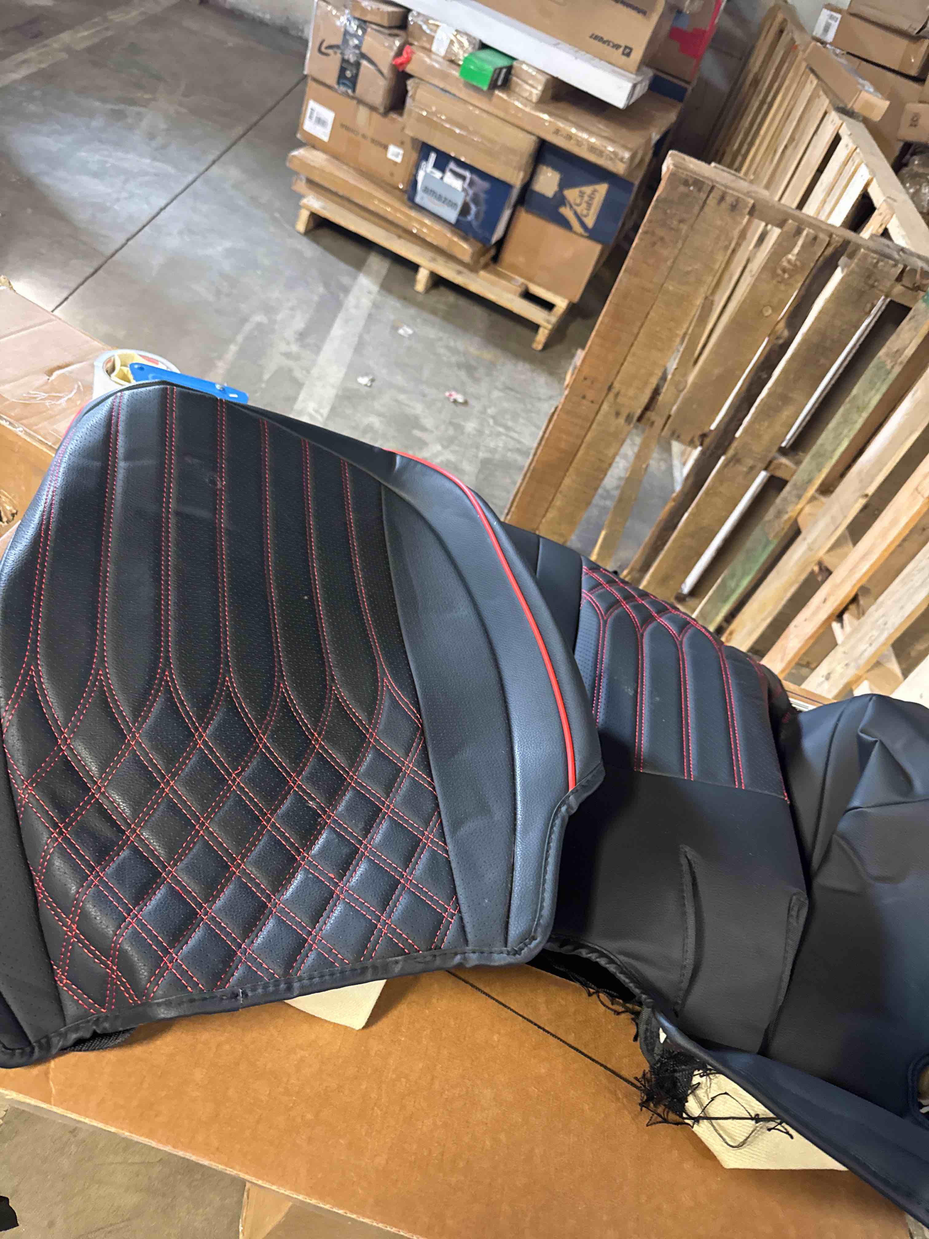 Condition photo showing As Is for Aierxuan Full Set Car Seat Covers Custom Fit 2009-2026 Ford F150 Crew Cab, 2017-2026 F250 F350 F450 Super Duty Pick-up Truck, Automotive Vehicle Cushion Cover with Waterproof Leather (Black and Red)