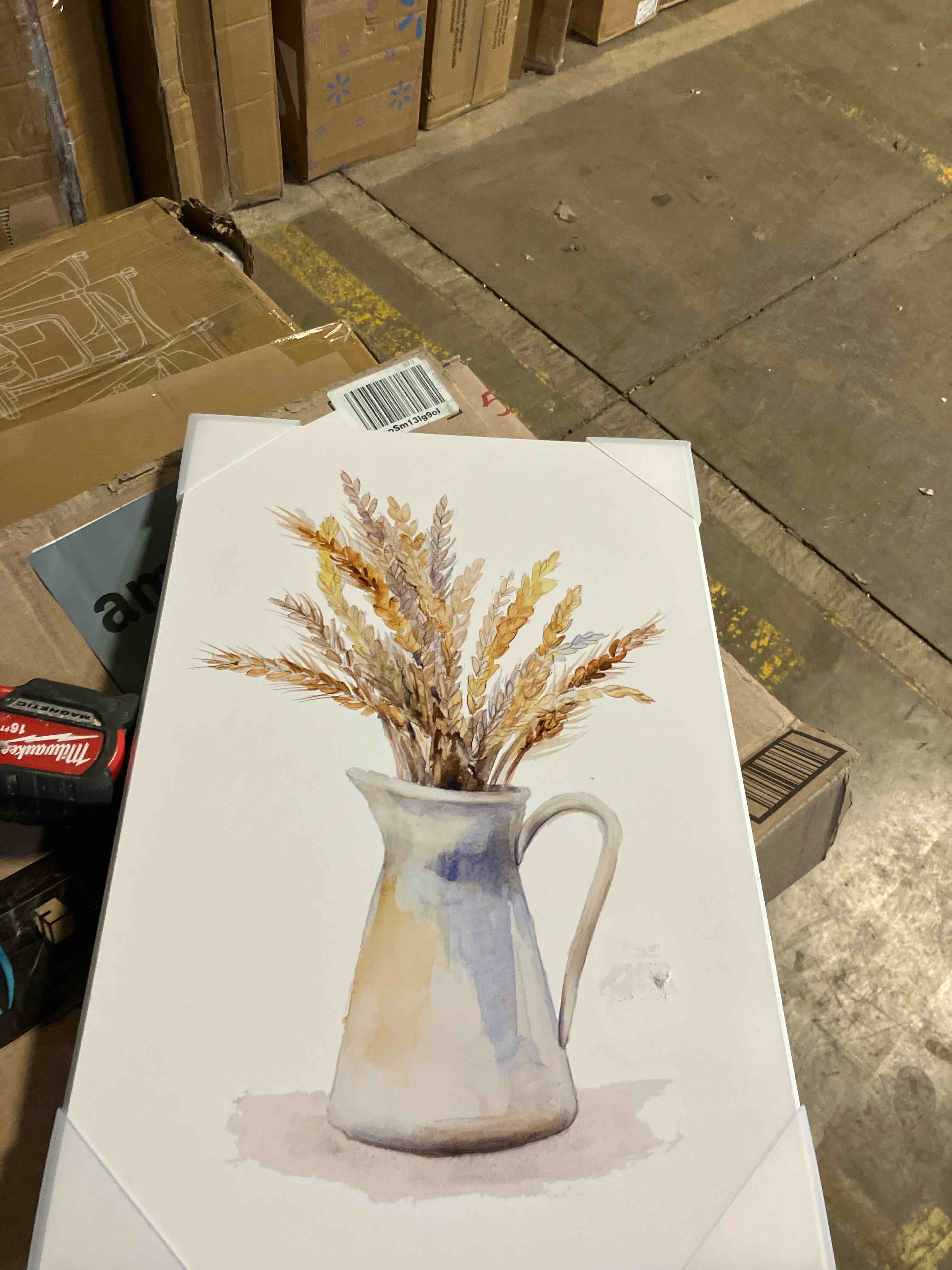 Condition photo showing Good Condition for ElephantStock - Wheat In Pitcher Wall Art - Vertical Canvas Wall Art - Living Room Wall Decor - Watercolor Wheat Canvas Art - White And Orange Decor by Lanie Loreth - 12.5” x 18.5” 