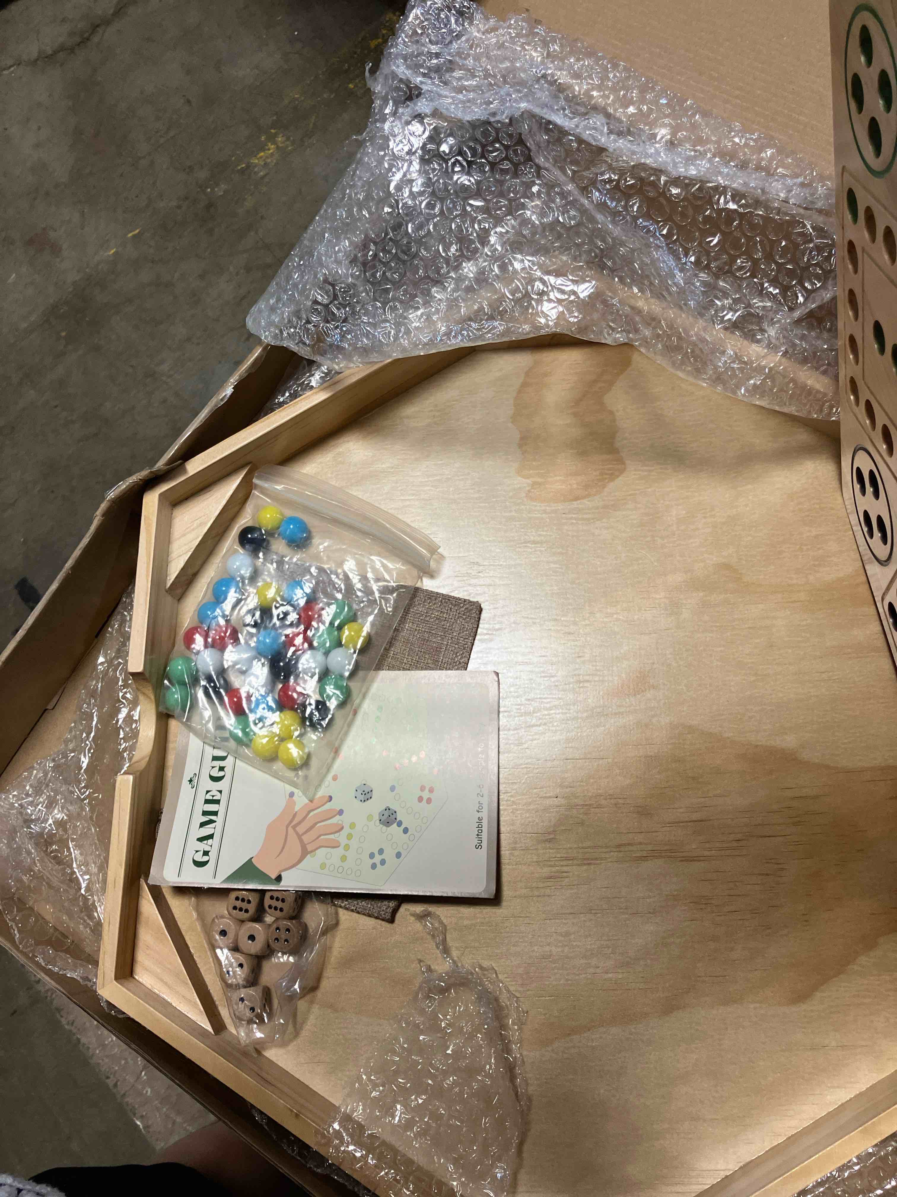 Condition photo showing New/Like New for 20 inch Wahoo Board Game,2 in 1 Marble Board Game with Storage Function,Wooden Fast Track Game Suitable for 4 or 6 Players,with 36 Glass Marbles,8 Dice,Storage Bag and Instruction Manual