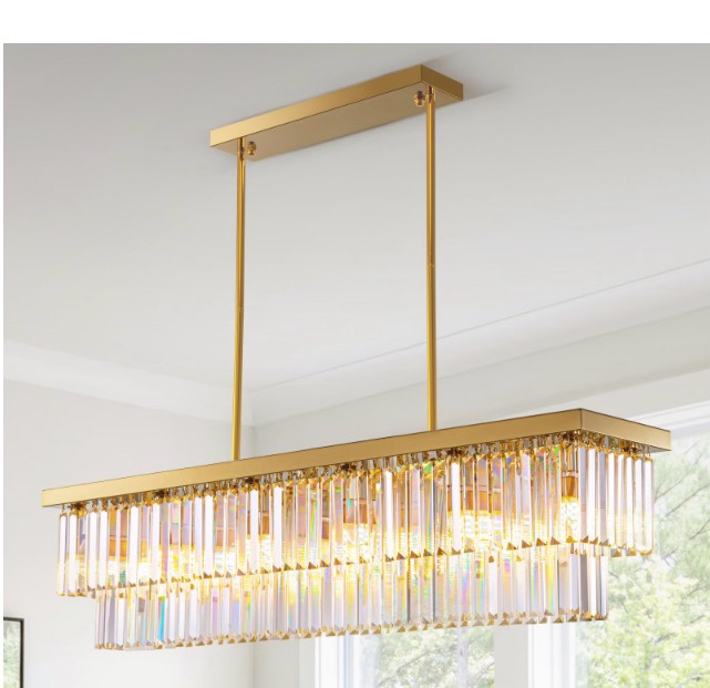 Siljoy Rectangular Gold Crystal Chandelier for Dining Room, 12-Light Modern Rectangle K9 Crystal Raindrop Chandelier Dimmable Ceiling Light for Living Room Kitchen Island, L47'' x W10'' x H10''