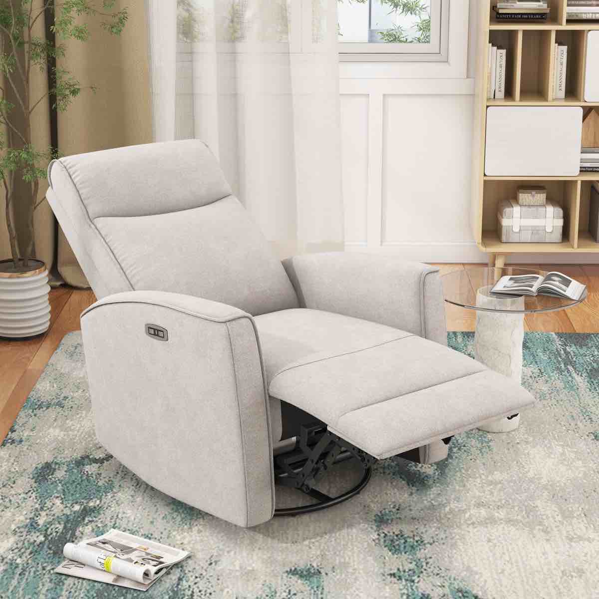 Condition photo showing New/Like New for Dickie 29.1'' Wide Modern and Soft Touch Fabric Swivel and Glider Power Recliner Chair with USB Port