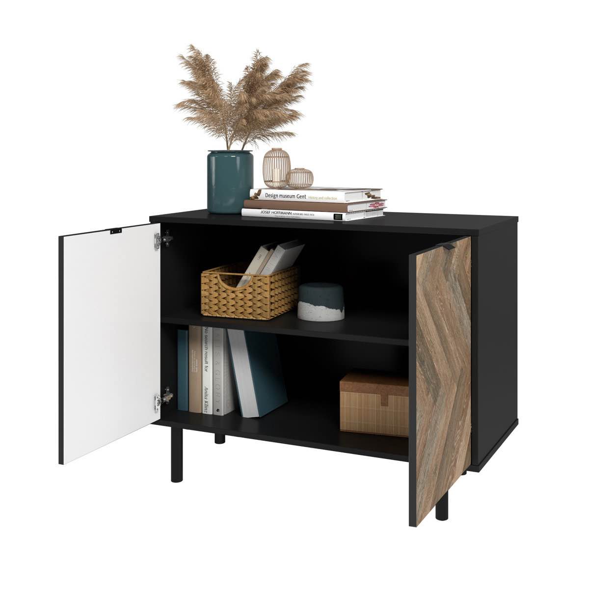 Condition photo showing Good Condition for Liam 35" 2-Door Accent Cabinet with Shelves in Brown Wood Print and Black