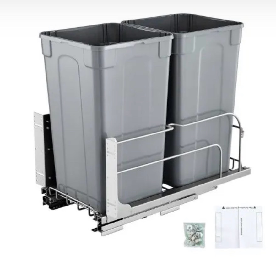 VEVOR Pull-Out Trash Can, x2 Double Under Mount Kitchen Waste Container, Heavy Duty Garbage Recycling Bin with Door Kit and Soft Close Slide, for Kitchen Cabinet, Sink, Under Counter (Grey)