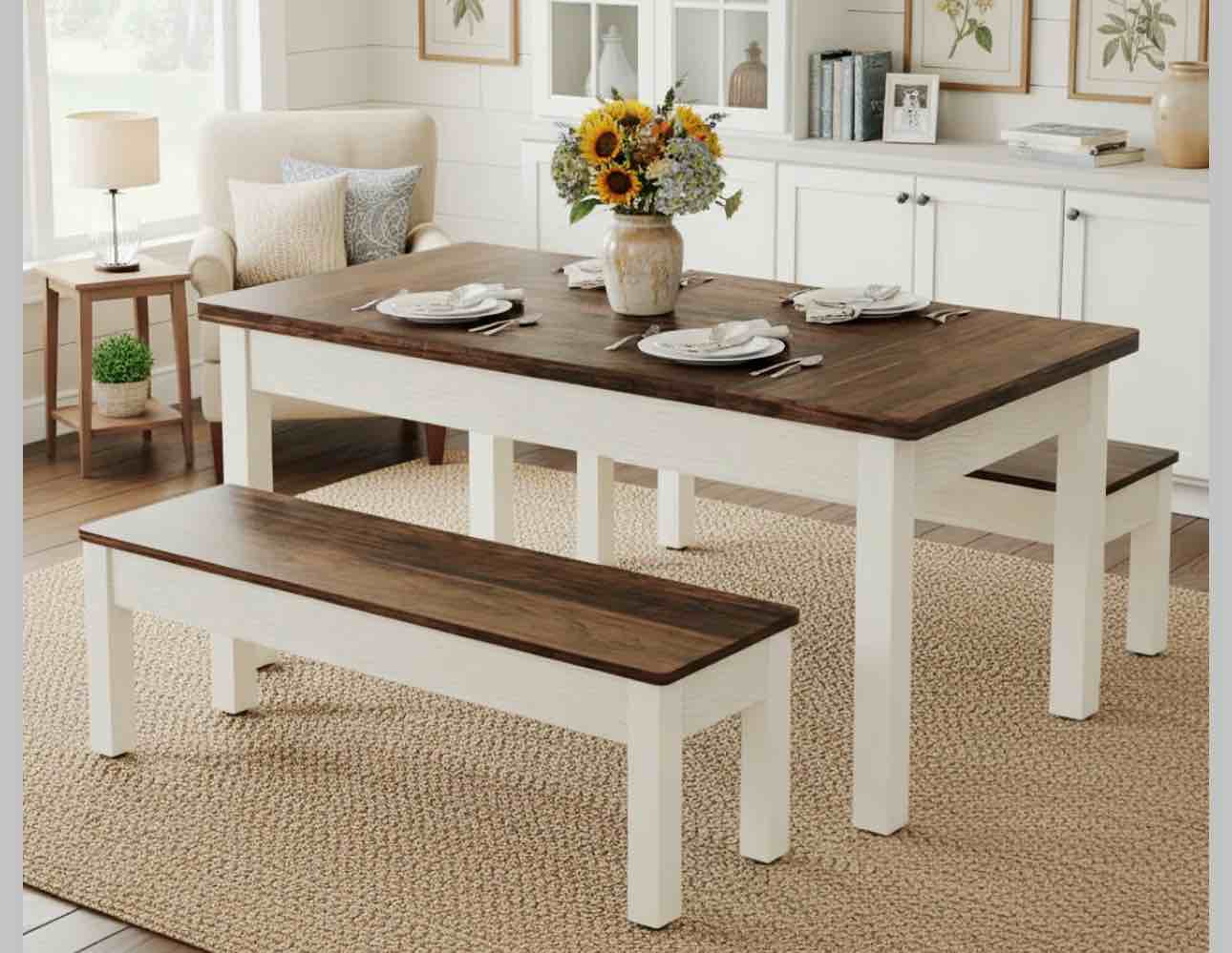 55" Farmhouse Kitchen Table with 2 Benches 3-Piece Wooden Dining set 