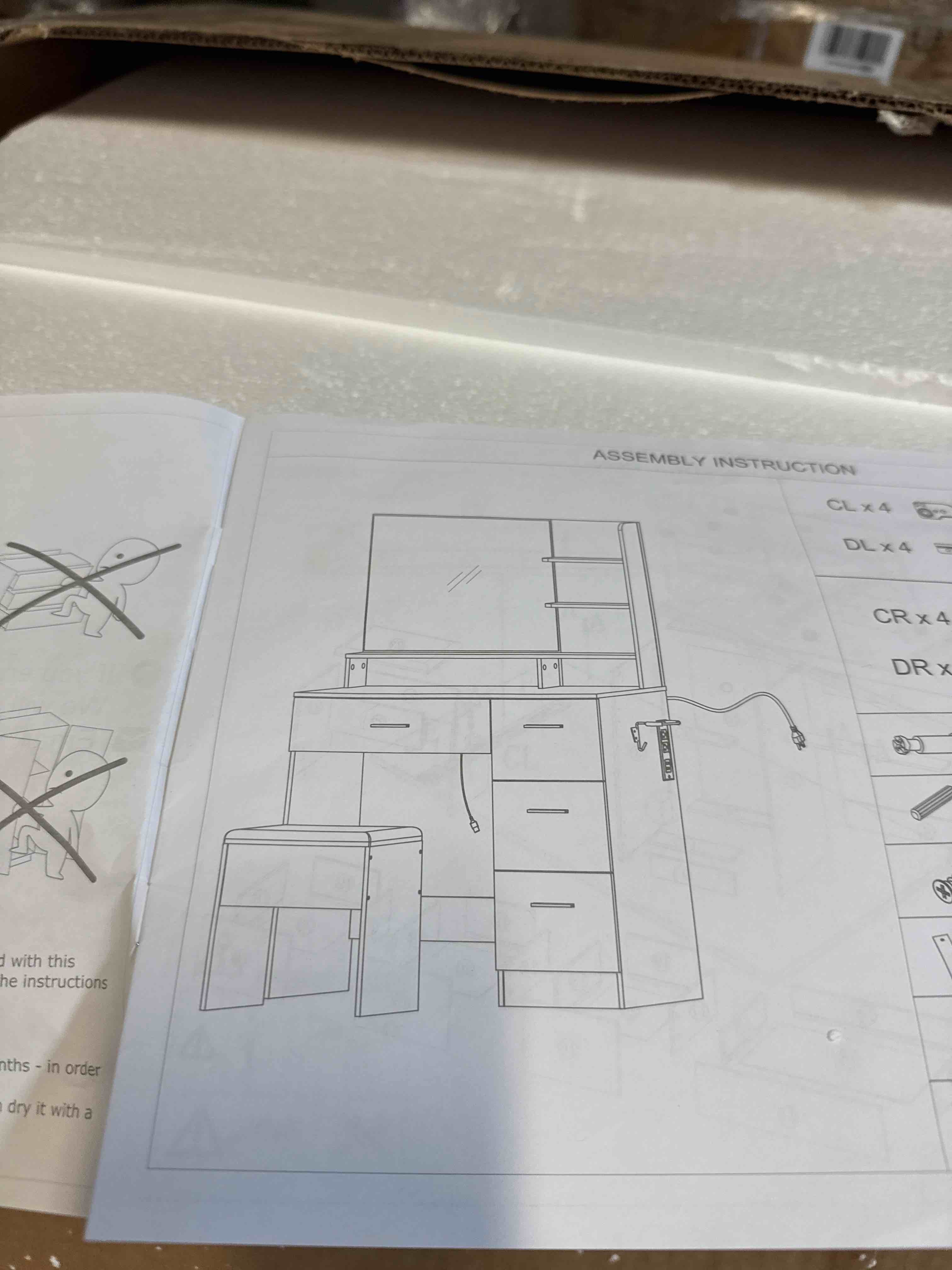Condition photo showing Good Condition for Makeup Vanity Desk with Smart LED Mirror & Charging Station, 35.4" White Vanity Table Set with Cushioned Stool, 4 Drawers & Hairdryer Rack, Modern Bedroom Dressing Table-White