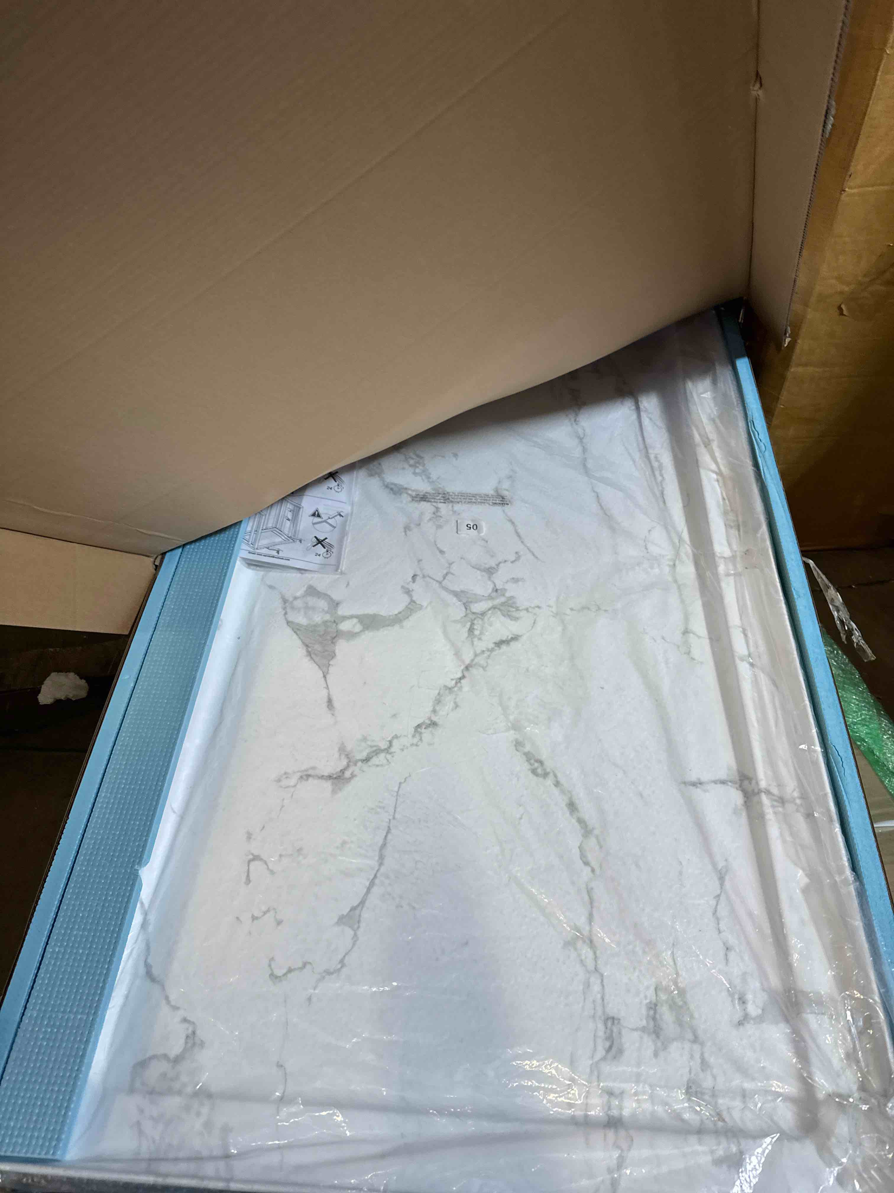 Condition photo showing New/Like New for MORVANO 60 x 32 Shower Base with Single Threshold Rectangular Left Drain Location Shower Base,Shower Pan With Stainess Steel Cover,Marble White Acrylic Shower Base Marble Shower Base, Left Drain 60'' * 32''